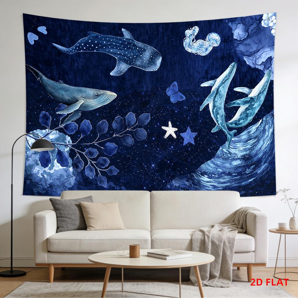 Dreamy Ocean Starry Sky Tapestry Whale Dolphin Watercolor Wind Wall Cloth Living Room Background Wall Room Decoration