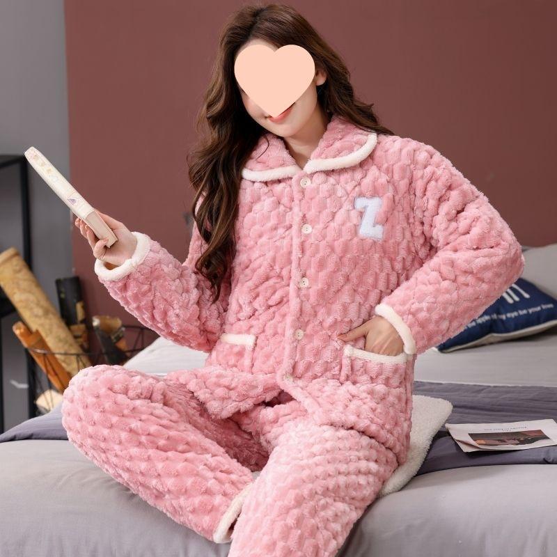 Pajamas women's winter warm winter fleece thickened coral fleece three layers of cotton autumn and winter women's loungewear