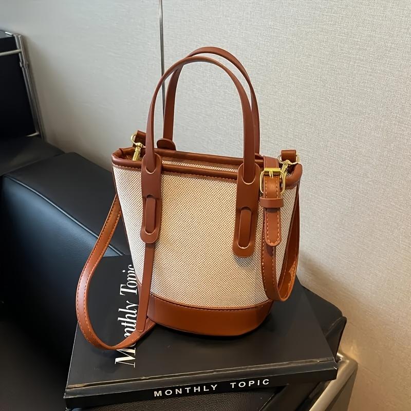 Chic Minimalist Two Tone Bucket Bag, Canvas & Leather Tote Bag, Convertible Strap Crossbody Bags for Commute & Casual Outings