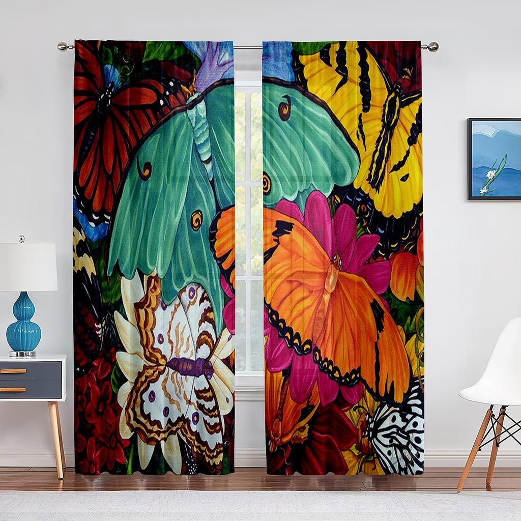 Spring Blue Floral Butterfly Sheer Curtain for Living Room Bedroom Home Kitchen Chiffon Tulle Curtains Window Treatment Decor