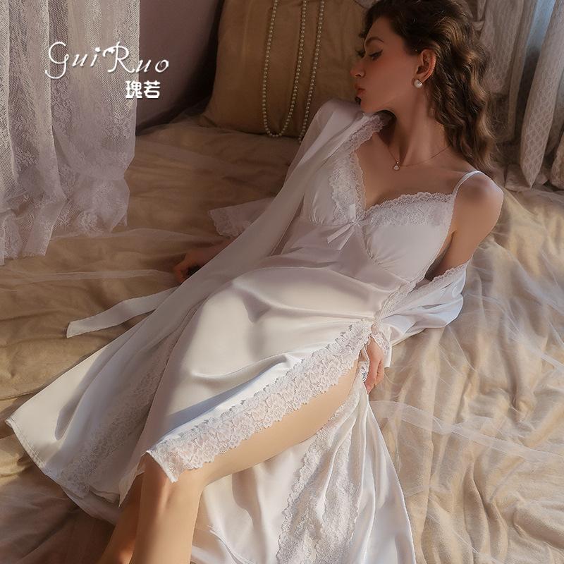 Women's Silky Satin Deep V Push Up Padded High Slit Sleep Dress with Robe Lounge Set