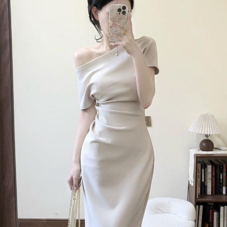 French Plus Size One-Shoulder Bodycon Summer Dress