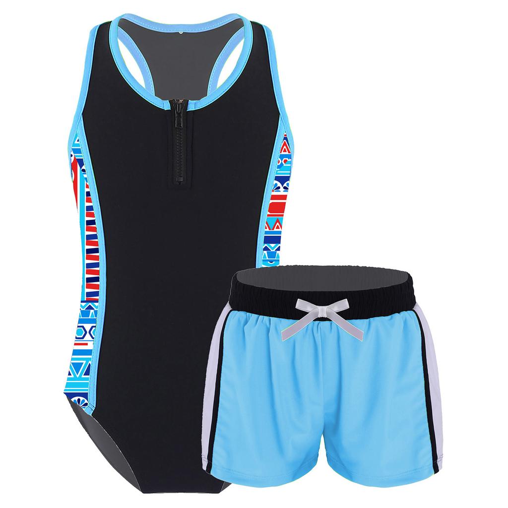 Girls One Piece Swimsuit Set Sleeveless Racer Back Design Matching Boyshorts Beach Swimwear Outfit