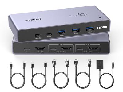 UGREEN HDMI KVM Switcher 2 Inputs 1 Output Shares 2 PCs with 3 USB Ports 1 Port and 1 Monitor KVM Switch Compatible with Hand Switch 2 USB Cables 2