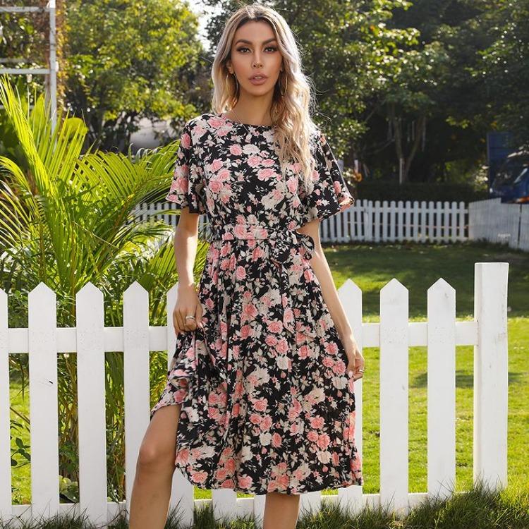 Women Floral Print Long Dress Summer Fall Casual O Neck Short Butterfly Sleeve High Waist Slim Bandage Belt Sizes S To XL