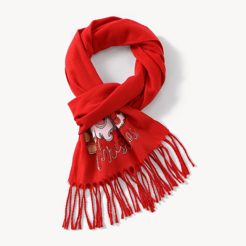 Winter Christmas Cute Elk Printed Shwal Cashmere Tassel Warm Scarf For Women Fashion Red Thick Blanket Pashmina Wrap 183*30Cm