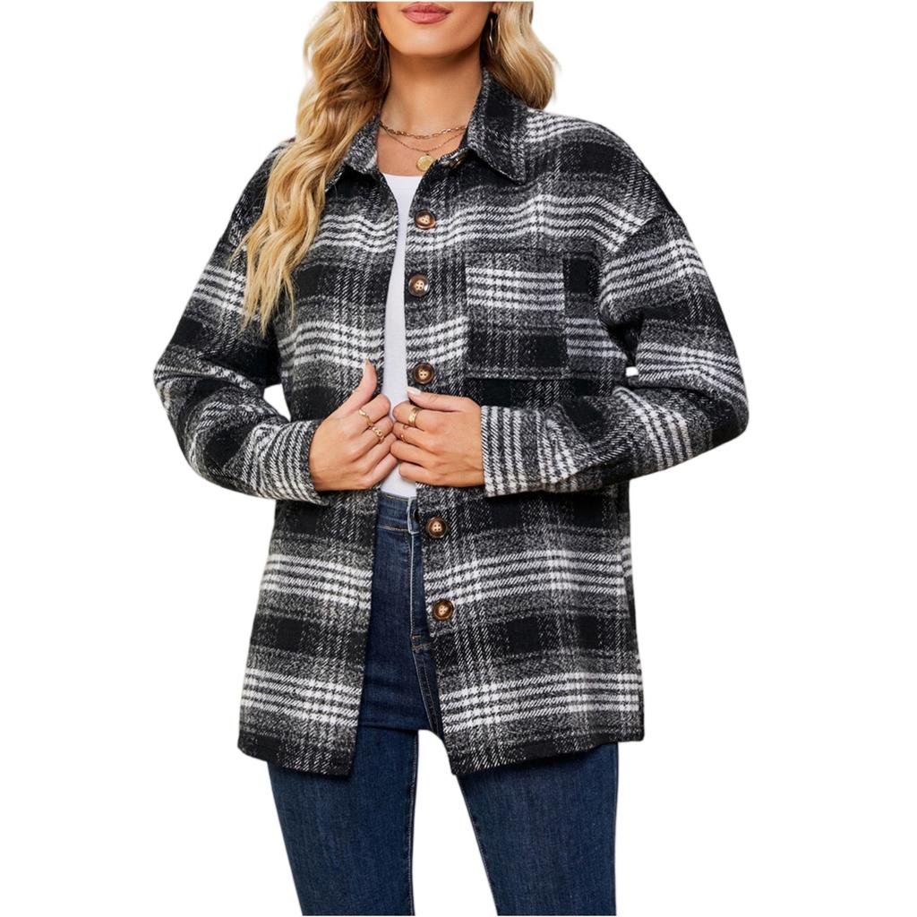 Women's Fashionable Plaid Long Sleeved Lapel Button Pocket Casual Loose Jacket