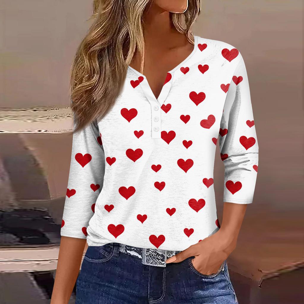 Damen Kragen Valentinstag Print Kurzarm T-Shirt Top