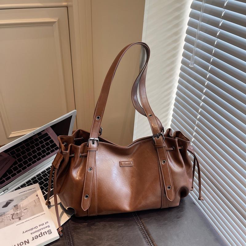 Трендовая ретро сумка-тоут с кулиской и сборками - Универсальная на плечо/через плечо большой вместимости 48x13x20 cm