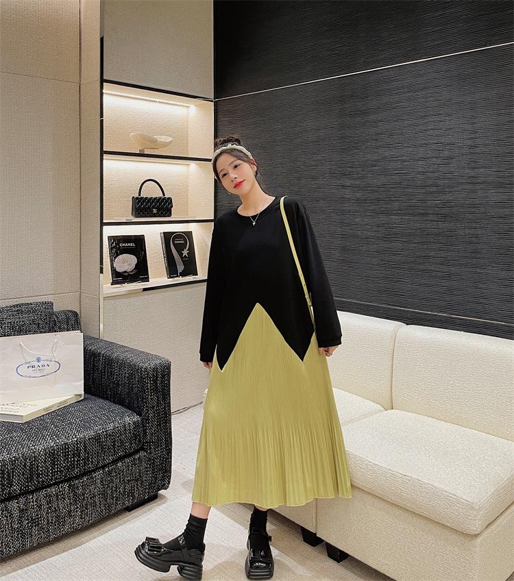 2023 Autumn/Winter Plus Size Patchwork Pleated Long Sleeve Dress for Women