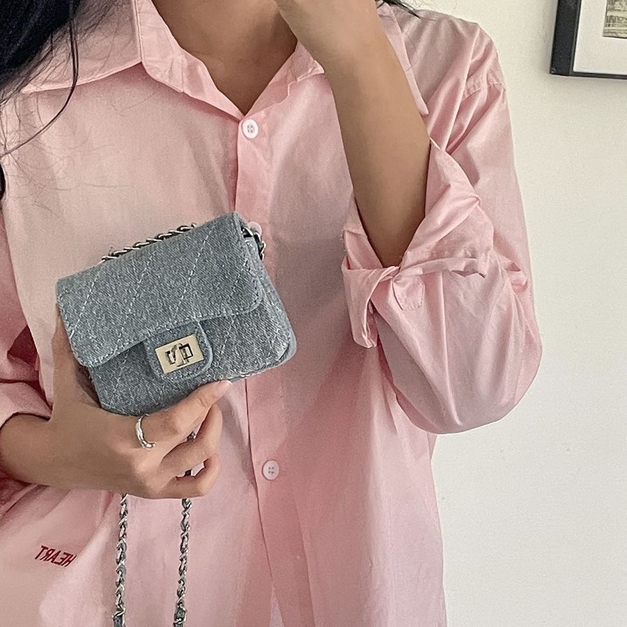 Mini Flip Lock Chain Rhombus Bag Women's Shoulder Crossbody Bag Premium Embroidery Thread Denim Bag Women