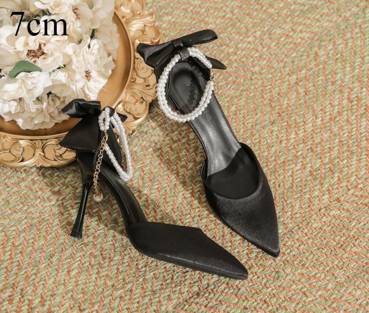 Fashion High Heeled Women's New Pointed Thin Heel Silk Satin Hollow Heel Bow High Heels Women Versatile Commuter Single Shoes for Women