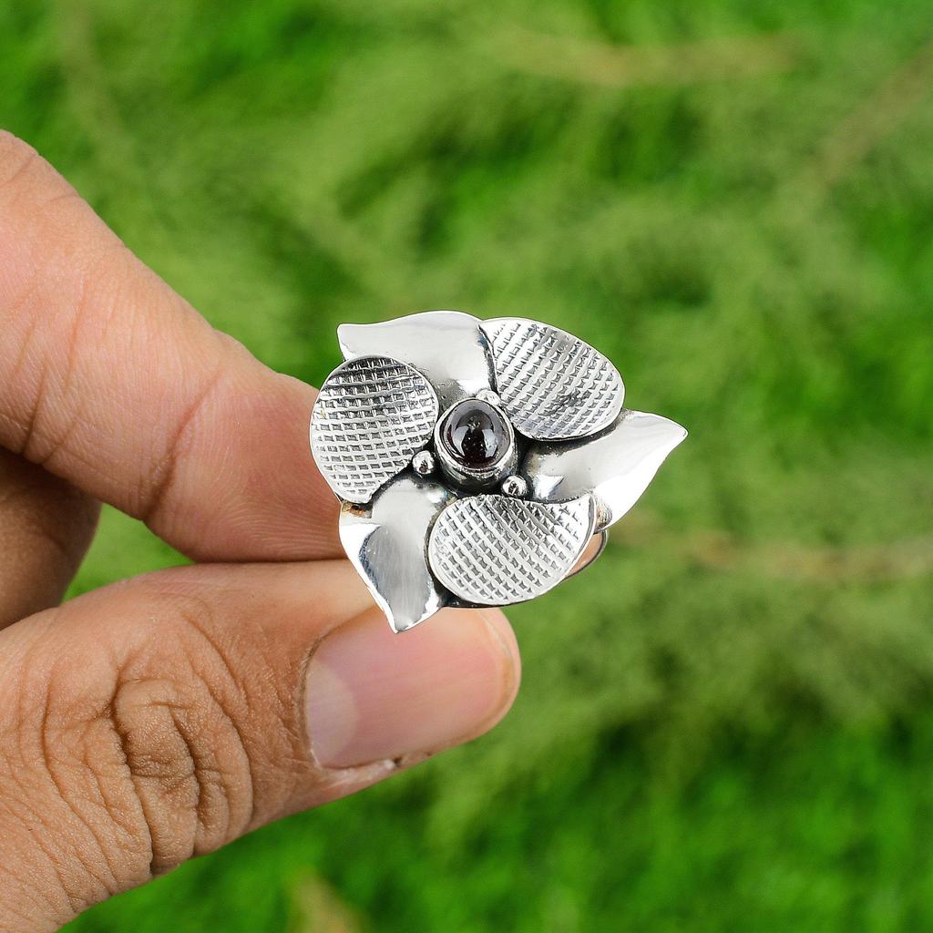 Round Tourmaline Gemstone Sister Statement Bezel Flower Ring Jewelry 925 Silver