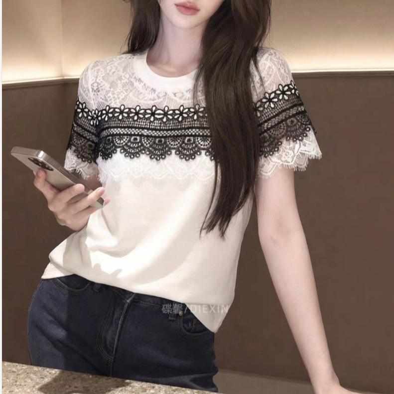 Summer New High-end Design Lace Patchwork Short-sleeve T-shirt for Women, White Versatile and Trendy Top