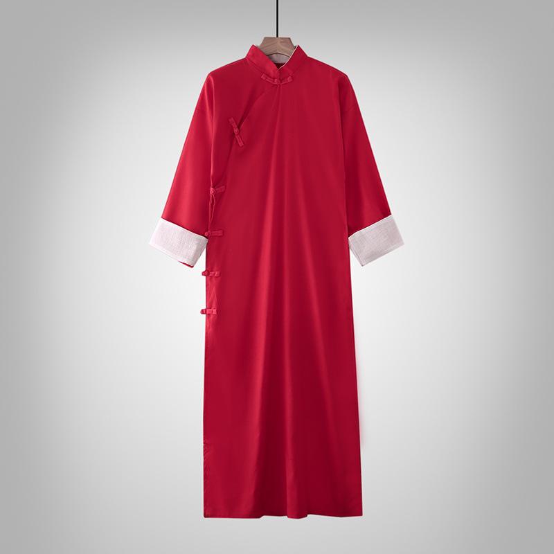 Cotton-Linen Chinese Style Men's Long Gown & Jacket for Tea Ceremony and Performance