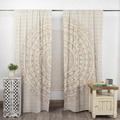Beautiful Indian Bohemian Psychedelic Hippie Elephant Mandala Window Curtain Panels for Bedroom, Living, Balcony (White and Gold)