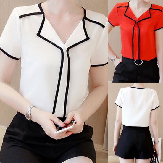 Damen-Bluse mit V-Ausschnitt und kurzen Ärmeln, Farbblock-Rand, Chiffon-T-Shirt-Oberteil