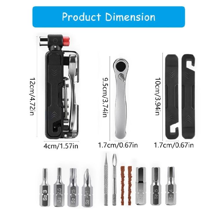 Durability 15 in 1 Cycling Tool Containing Steel Patches Strips Double Direction Ratchets and Compacts Carry Pouches
