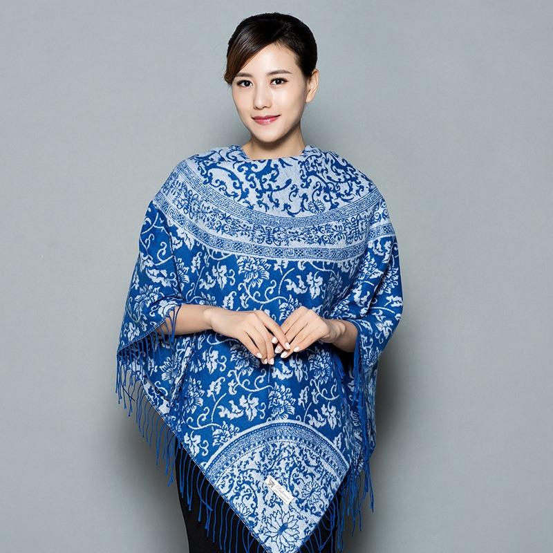 Ethnic Style Blue White Porcelain Faux Cashmere Scarf For Women Winter Autumn Travel Gift