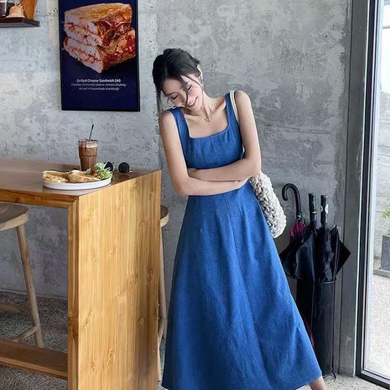 ZQ Ziqing Blue Mist Strappy Denim Summer Dress - Women s Elegant, Waist-Cinching, Niche Design. M