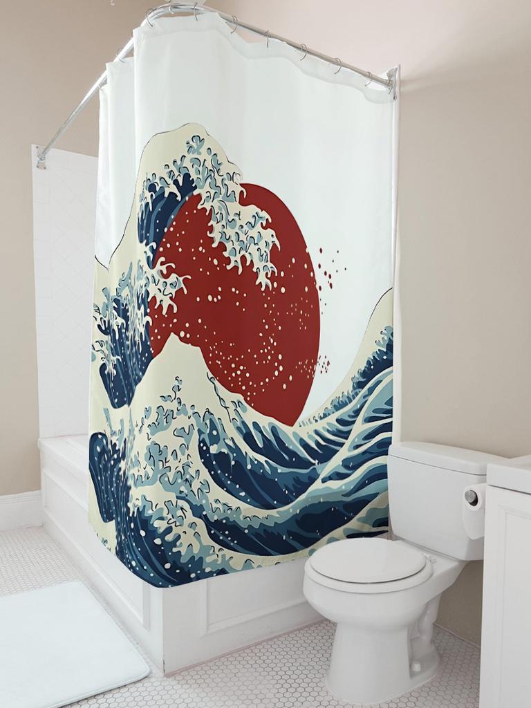 Die große Welle vor Kanagawa Duschvorhang Japanischer Stil Badezimmerdeko Kunstdruck Wasserdichter Polyesterstoff Badvorhang