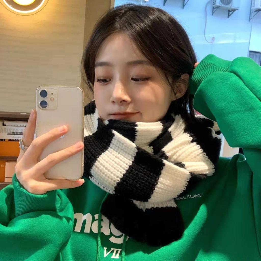 Women's Korean Style Blue Striped Knitted Scarf Autumn Winter Student Warm Versatile Neck-protecting Neck Warmer