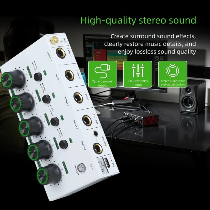 4 Channel Auditory Mixer Simultaneous Connection With Low Noise Recording And Stereo Output For Home Studio And Podcasting