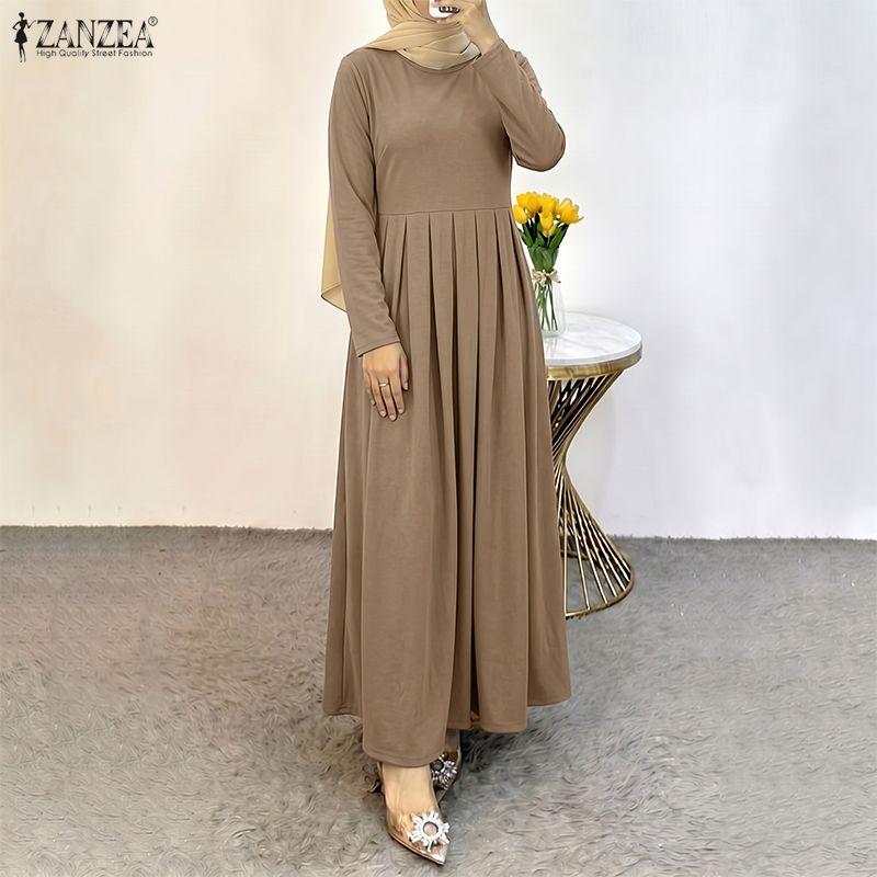 ZANZEA Damen Muslimisch Lässig Rundhals Langarm Locker Kleid