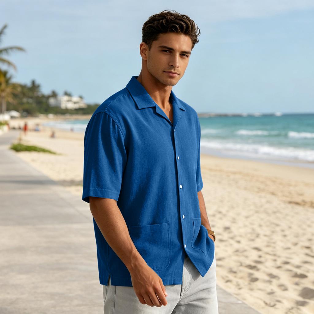 Men's Summer Casual Short-Sleeve Shirt With Collar And Multiple Pockets