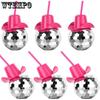 2pcs Disco Ball Cups Pink Cowgirl Hat Mirror Party Cup with Straws Silver 70s Cocktail Cup Sparkling Tumbler Wine Glass