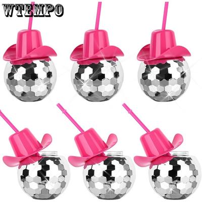 2 Stück Discokugelbecher Rosa Cowgirlhut Spiegel Partybecher mit Strohhalmen Silber 70er Jahre Cocktailbecher Funkelnder Becher Weinglas