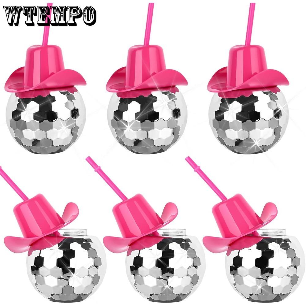 2pcs Disco Ball Cups Pink Cowgirl Hat Mirror Party Cup with Straws Silver 70s Cocktail Cup Sparkling Tumbler Wine Glass
