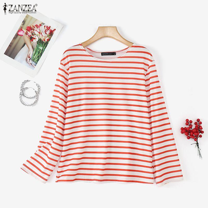 ZANZEA Bluză lejeră, cu mâneci lungi, în dungi, cu gât rotund