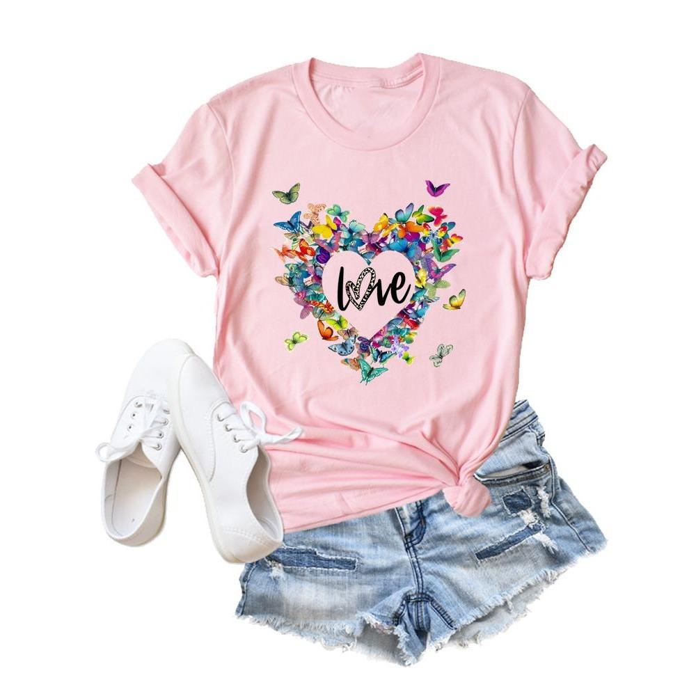 T-shirt da donna con stampa di farfalle e floreale, alla moda, T-shirt a cartoni animati, T-shirt estive, T-shirt stampate casual