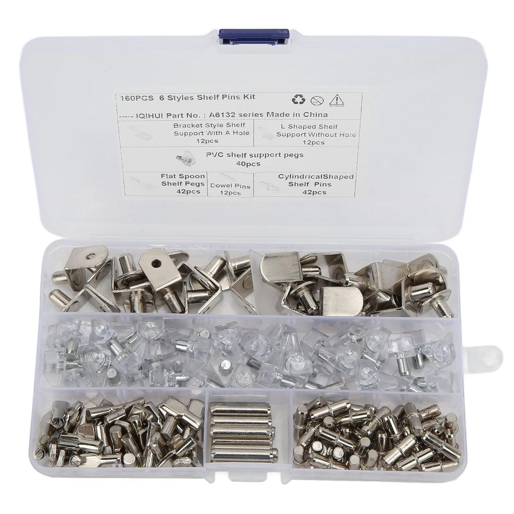 160pcs 6 Styles RV Shelf Pins Kit Nickel Shelf Support Pegs Cylindrical Pins Holder L Shaped Bracket