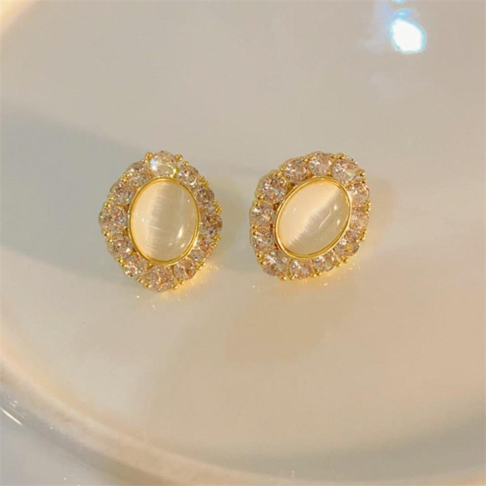 Exquisite Luxury Shiny Zircon Edge Geometric Oval Glass Opal Stone Stud Earrings for Woman Korean Bride Wedding Jewelry Gifts