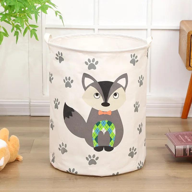 Animal Laundry Toys Organizer Basket Large Cartoon Canvas Barrel Basket Clothes Organizer Kids Toys Basket With Handle