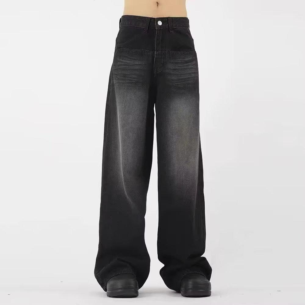 

Прямые джинсы в стиле ретро с потертостями и складками из плотной ткани — стиль Wasteland унисекс, модные свободные широкие брюки в стиле хип-хоп X-Large чёрный