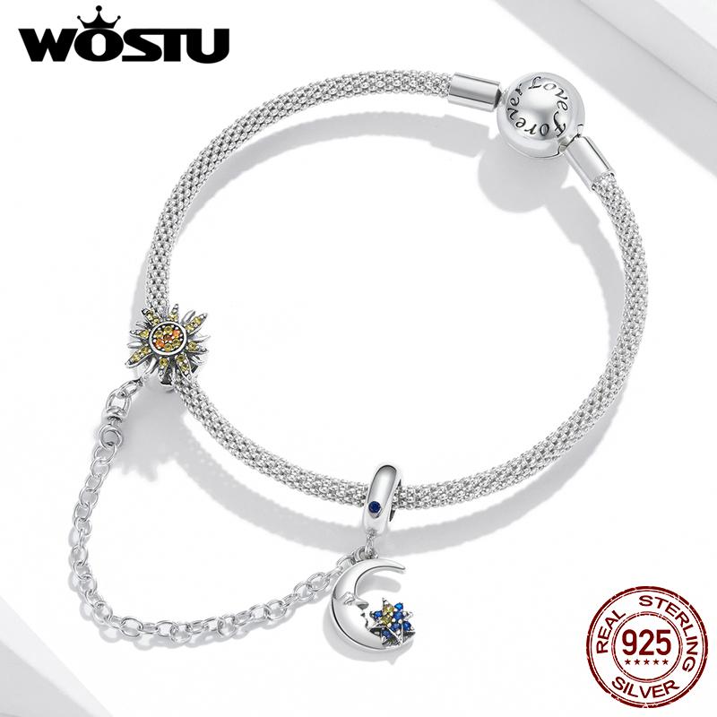 WOSTU The Whole Universe 925 Sterling Silver Round Safety Chain Sun Moon Stopper Charm Fit Bracelets DIY Jewelry