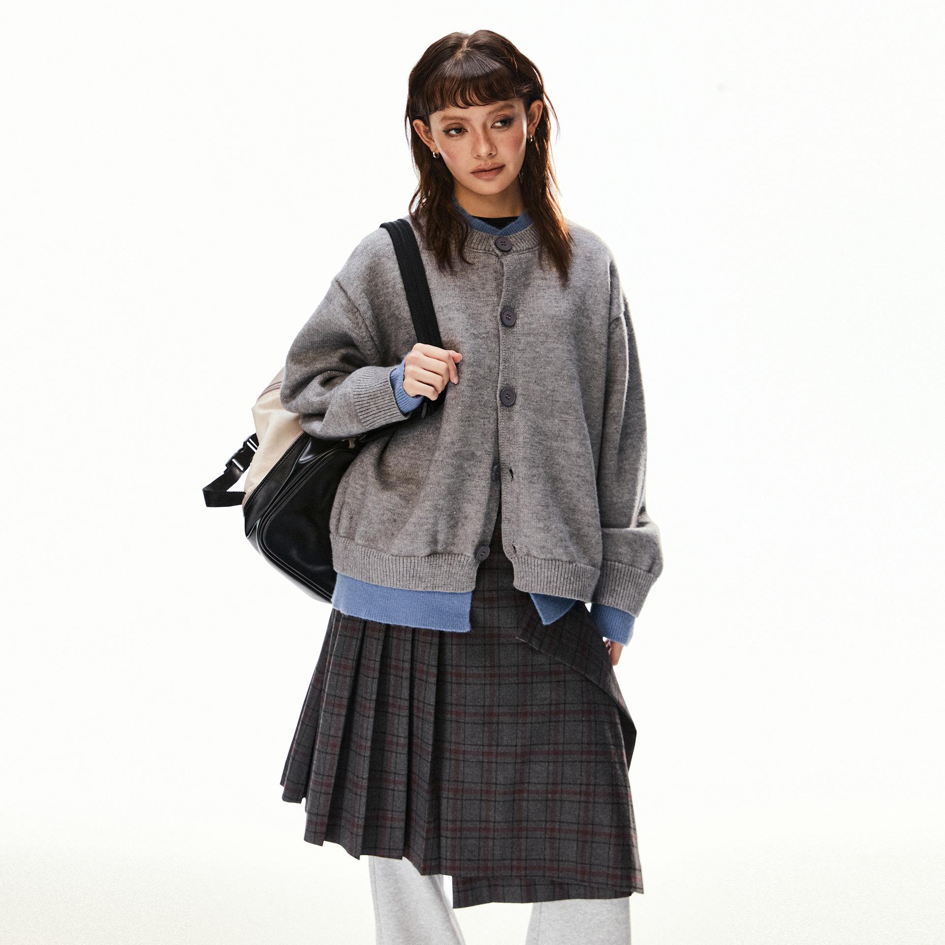 Американский ретро унисекс двухсекционный вязаный свитер - Ленивый стиль свободного кроя зимний кардиган L серый