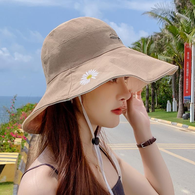 Small daisy bucket hat spring and autumn double-sided wear large brim sun protection sun hat women's summer face cover sun hat