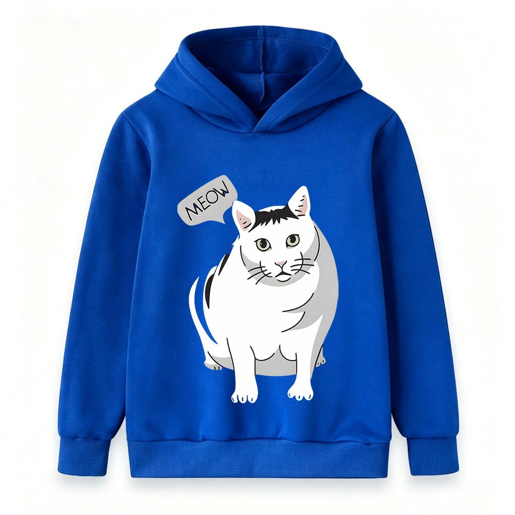Kids Boys Girls Pullover Hoodie, Cute White Cat Print With MEOW Letter Pattern Casual Warm Hooded Sweatshirt For Daily Wear Street Style For Cat Lover
