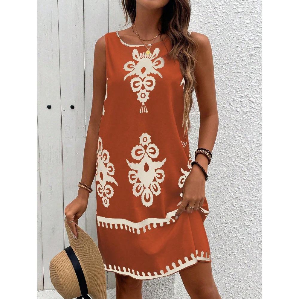 Abito estivo casual senza maniche stampato da donna, outfit da vacanza e da spiaggia, abiti bohémien, abbigliamento estivo Y2k da donna