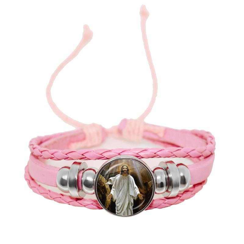 Virgin Mary Baby Jesus Christian Catholicism Jewelry Black Button Leather Bracelet Blessed Mother Religious Glass Cabochon Gift