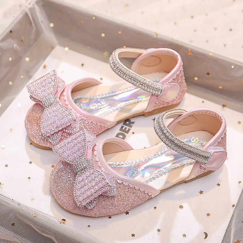 

Детские сандалии для девочек, со стразами, бантовые носочки, обтянутые принцессой Мэри Джейн для вечеринок, свадеб, показов, детская модная обувь 2024 года, новинка 26 розовый