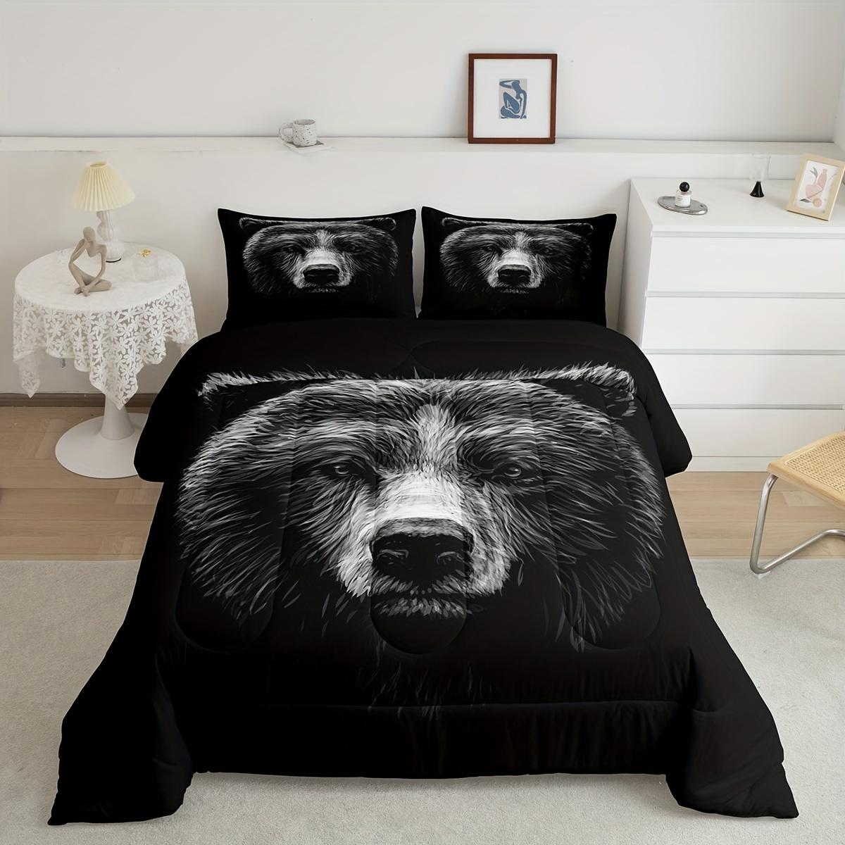 

3D Bear Comforter Set Fierce Animal Black Theme Duvet Insert For Adult Women Scary Eye Cool Bear Quilted Duvet Bedding Comforter EU Twin(135x200cm)