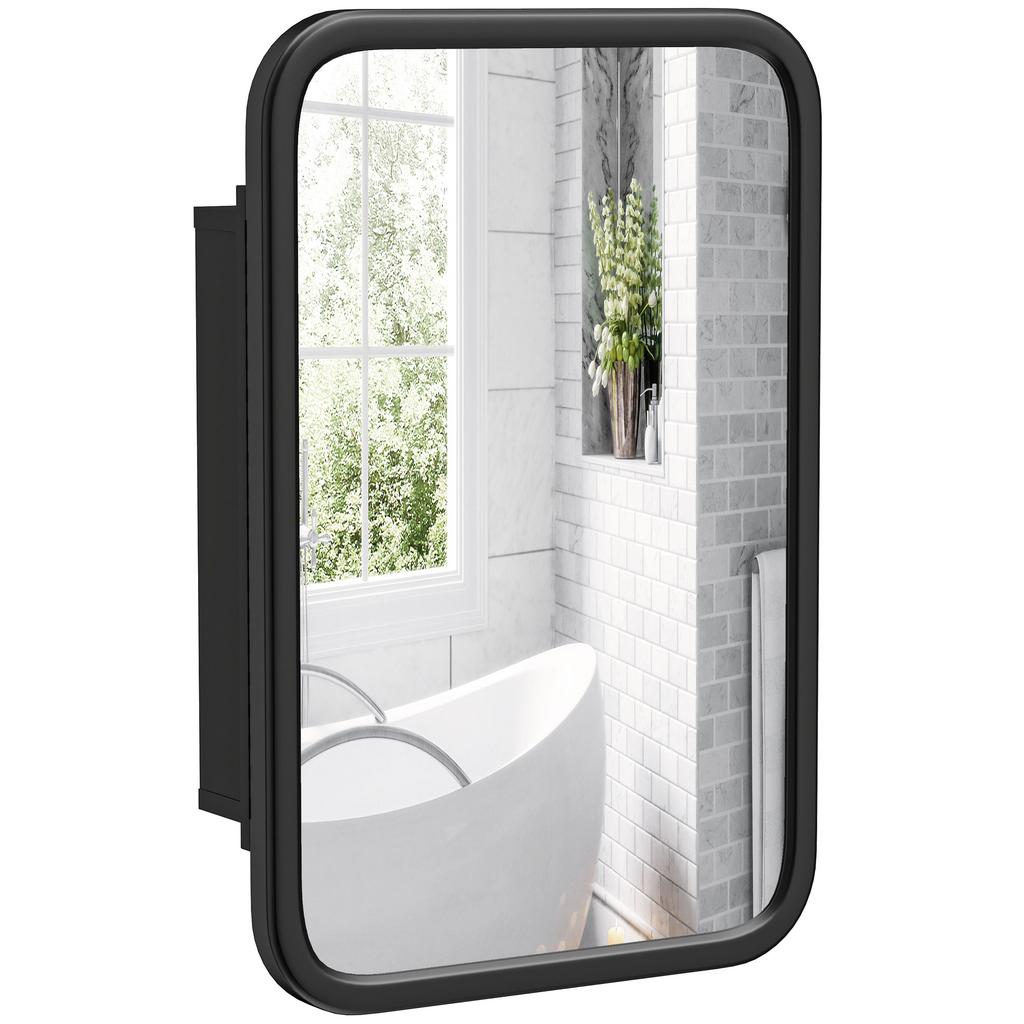 Bathroom Wall Cabinet with Tempered Mirror Metal Bathroom Mirror Cabinet with 3 Shelves Black