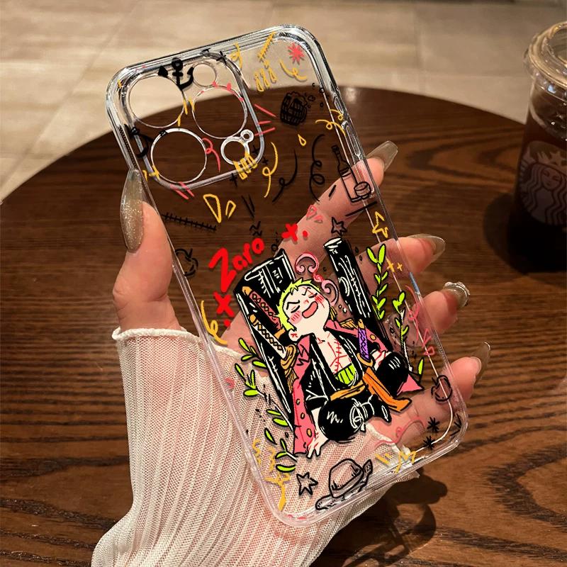 One Piece Luffy Zoro Graffiti Clear TPU Phone Case For IPhone 15 Pro Max & Samsung Galaxy S24 Ultra, Shockproof Cover