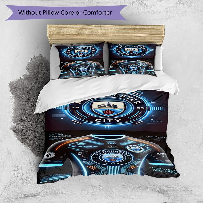 3pcs Duvet Cover Set (1*Duvet Cover + 2*Pillowcase, Without Core),Manchester City FC Print Bedding Set, Bedroom Decor, All‑Season, Birthday Gift