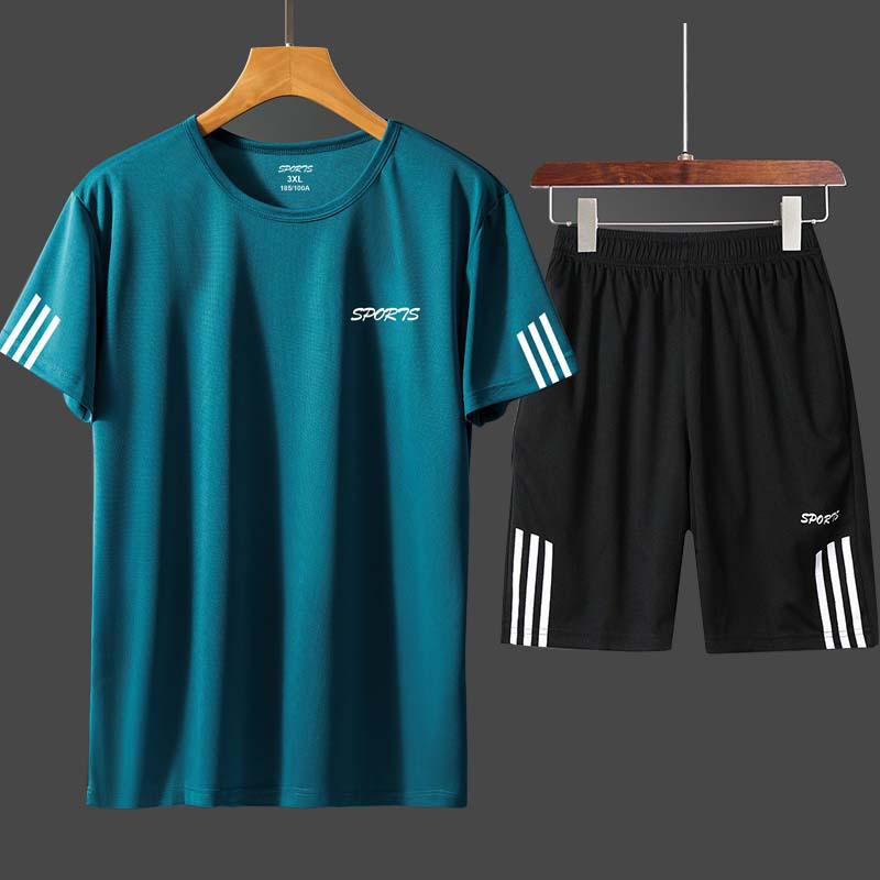 Men's Summer Gym Running Set: Loose-fit Quick-drying T-shirt with Round Neck and Printed Design.